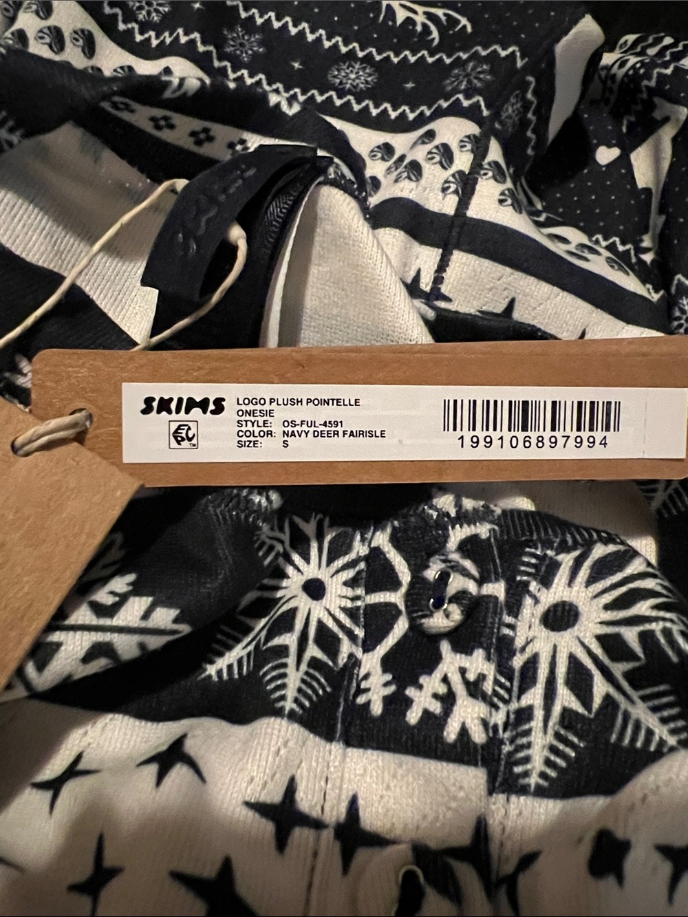SKIMS Logo Plush Pointelle Henley Onesie in Navy Deer Fair Isle sz S - Picture 3 of 3
